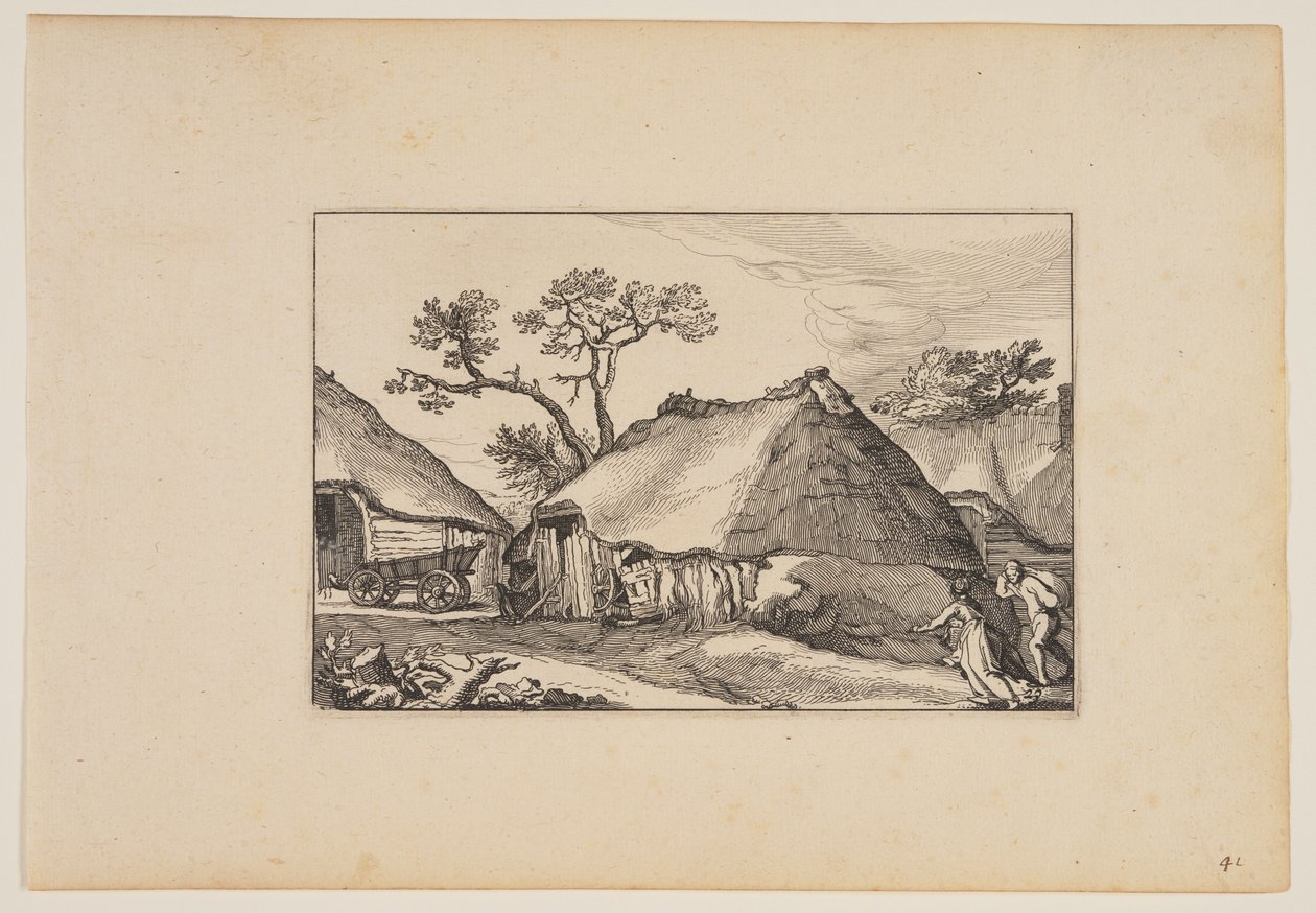 Dwie stodoły, wózek po lewej, z pejzażu (Verscheyden aerdige Lanthuysen...) autorstwa Claes Jansz. Visscher