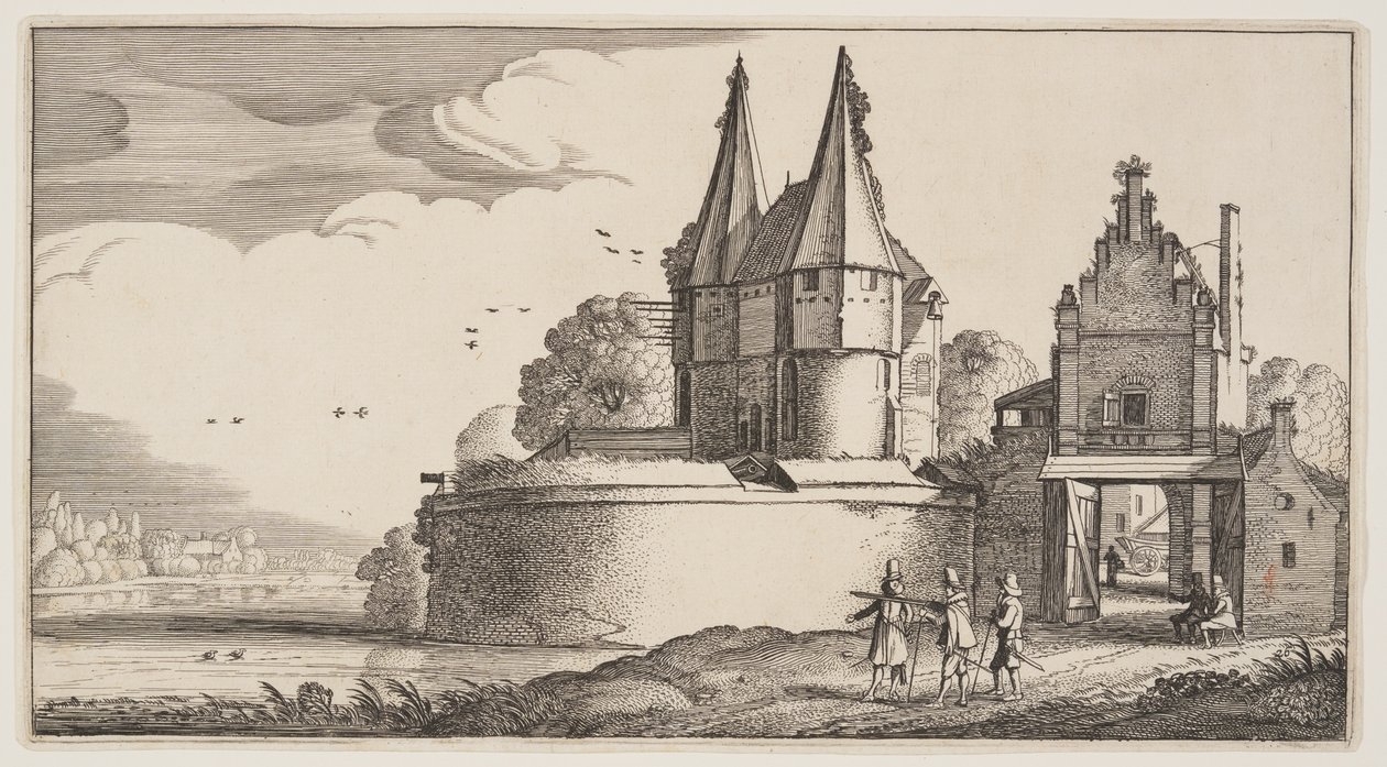 Bastion i brama miejska nad rzeką, z Landscapes (Playsante Lantschappen) autorstwa Claes Jansz. Visscher II
