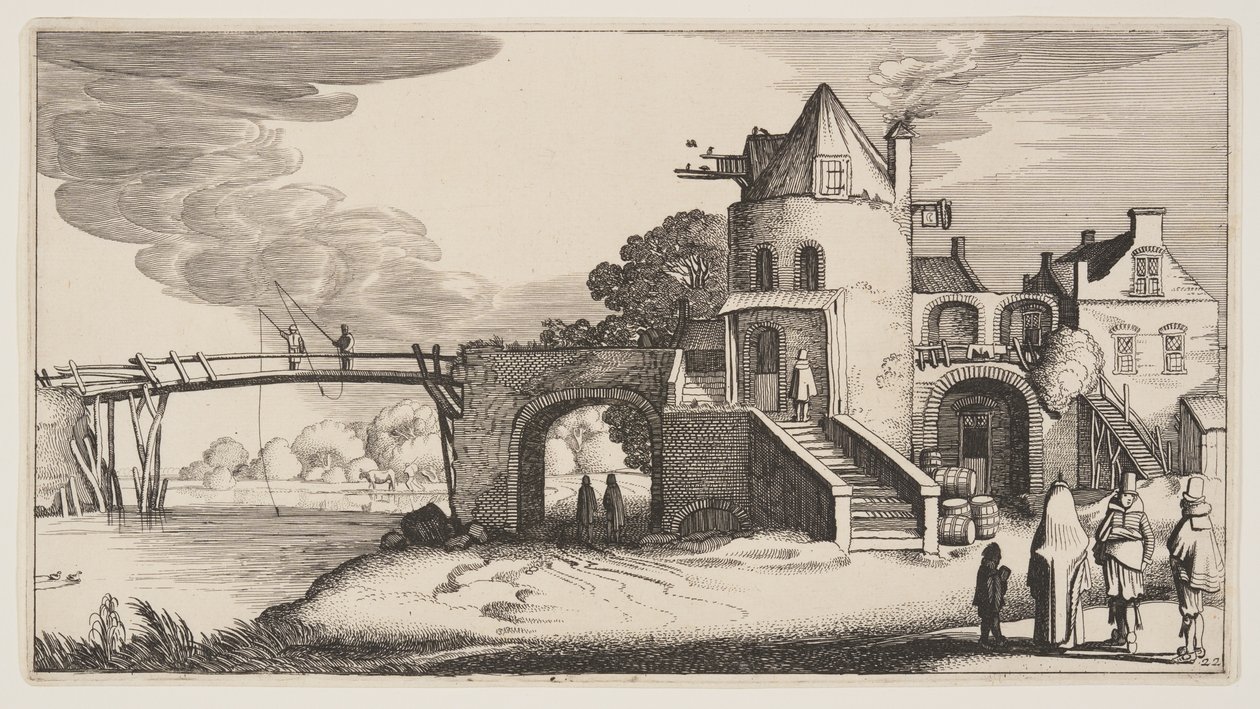 Most z domem poboru opłat, z Landscapes (Playsante Lantschappen) autorstwa Claes Jansz. Visscher II