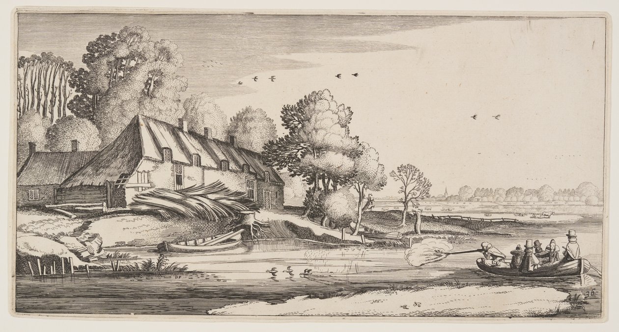 Strzelanie do kaczek z łodzi wiosłowej w pobliżu farmy, z Landscapes (Playsante Lantschappen) autorstwa Claes Jansz. Visscher II