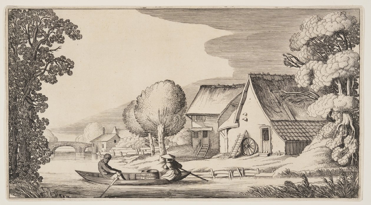 Rolnik i rolniczka w łodzi wiosłowej, z Pejzaże (Playsante Lantschappen) autorstwa Claes Jansz. Visscher II