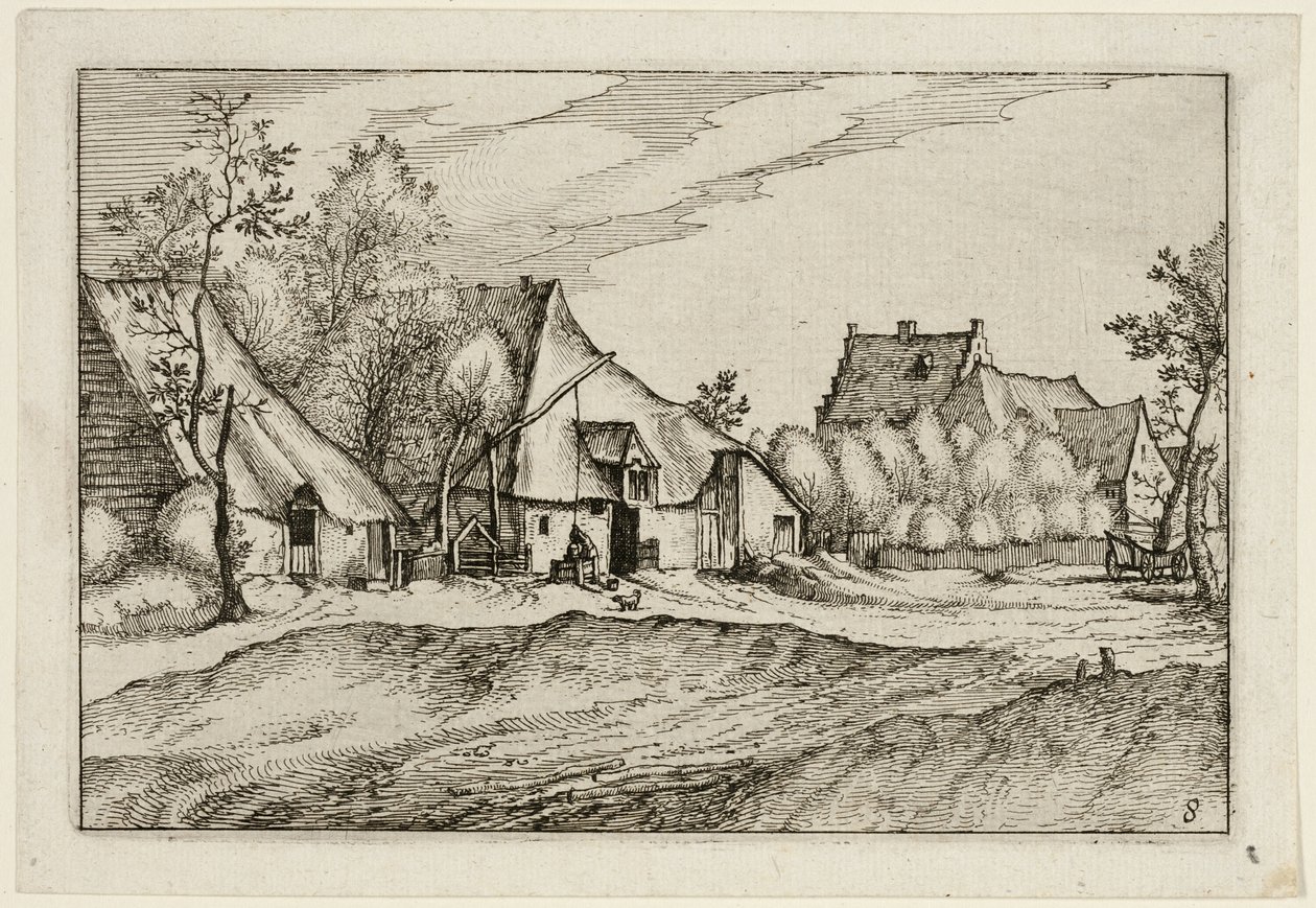 Farms in a Village, plate eight after Pictures of Farms, Country Houses and Rustic Villages (Praediorum villarum et rusticarum casularum icones) autorstwa Claes Jansz. Visscher II