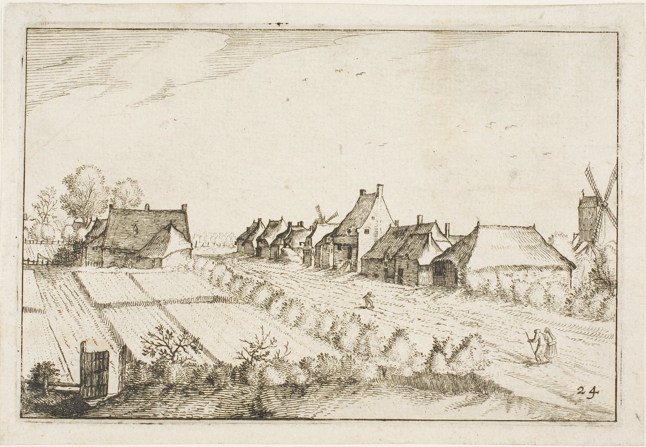 Pola i droga, płyta 24 za Obrazami farm, wiejskich domów i rustykalnych wiosek (Praediorum villarum et rusticarum casularum icones) autorstwa Claes Jansz. Visscher II
