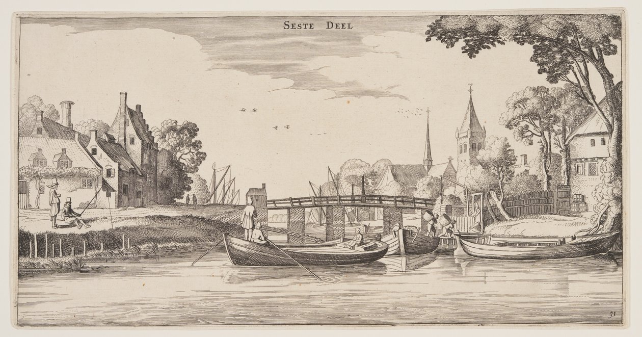 Scena lądowania w wiosce, z Landscapes (Playsante Lantschappen) autorstwa Claes Jansz. Visscher II