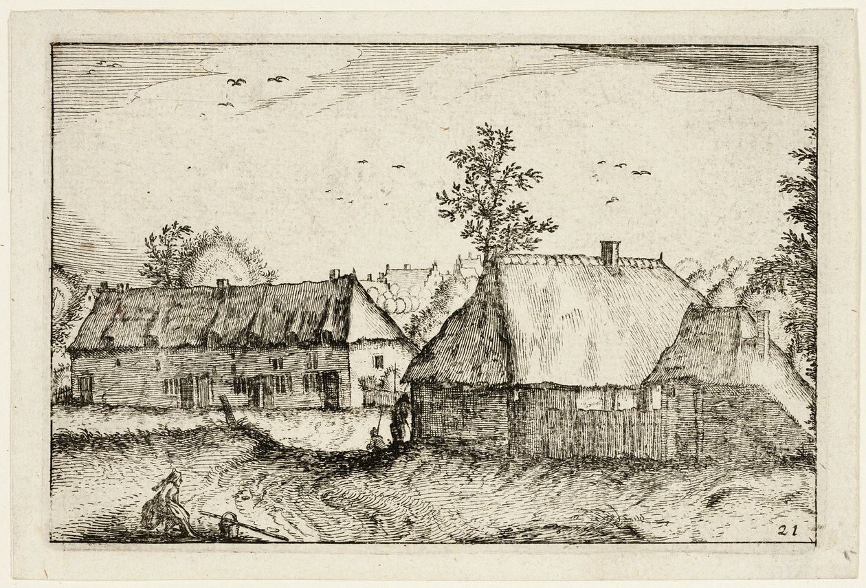 Duże szopy, płyta 21 po Obrazach farm, domów wiejskich i rustykalnych wiosek (Praediorum villarum et rusticarum casularum icones) autorstwa Claes Jansz. Visscher II