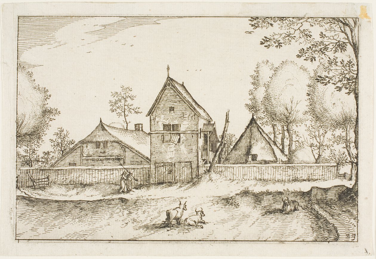 Duża farma otoczona murem, płyta 23 po Obrazach farm, domów wiejskich i rustykalnych wiosek (Praediorum villarum et rusticarum casularum icones) autorstwa Claes Jansz. Visscher II