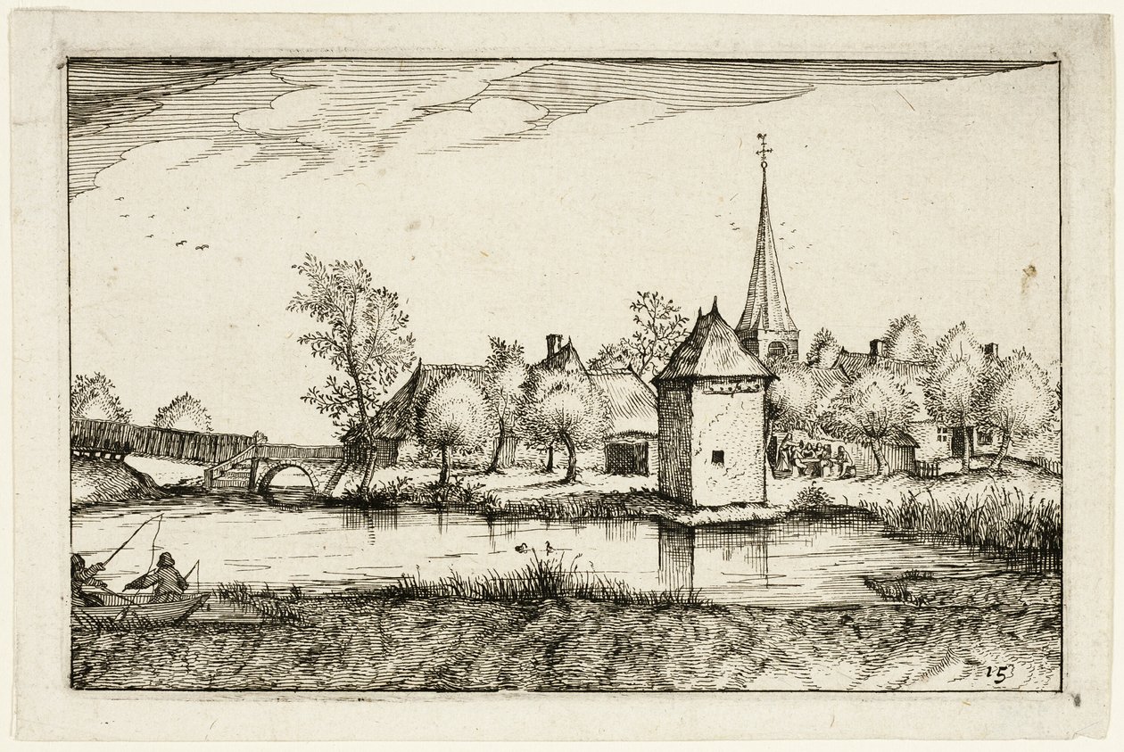 Staw i wioska, płyta piętnasta po Obrazach gospodarstw, domów wiejskich i rustykalnych wiosek (Praediorum villarum et rusticarum casularum icones) autorstwa Claes Jansz. Visscher II