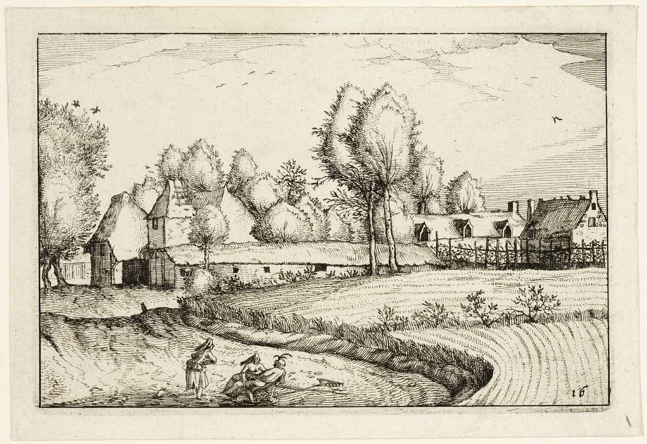 Droga wzdłuż pola, płyta szesnasta po Obrazach gospodarstw, domów wiejskich i rustykalnych wiosek (Praediorum villarum et rusticarum casularum icones) autorstwa Claes Jansz. Visscher II