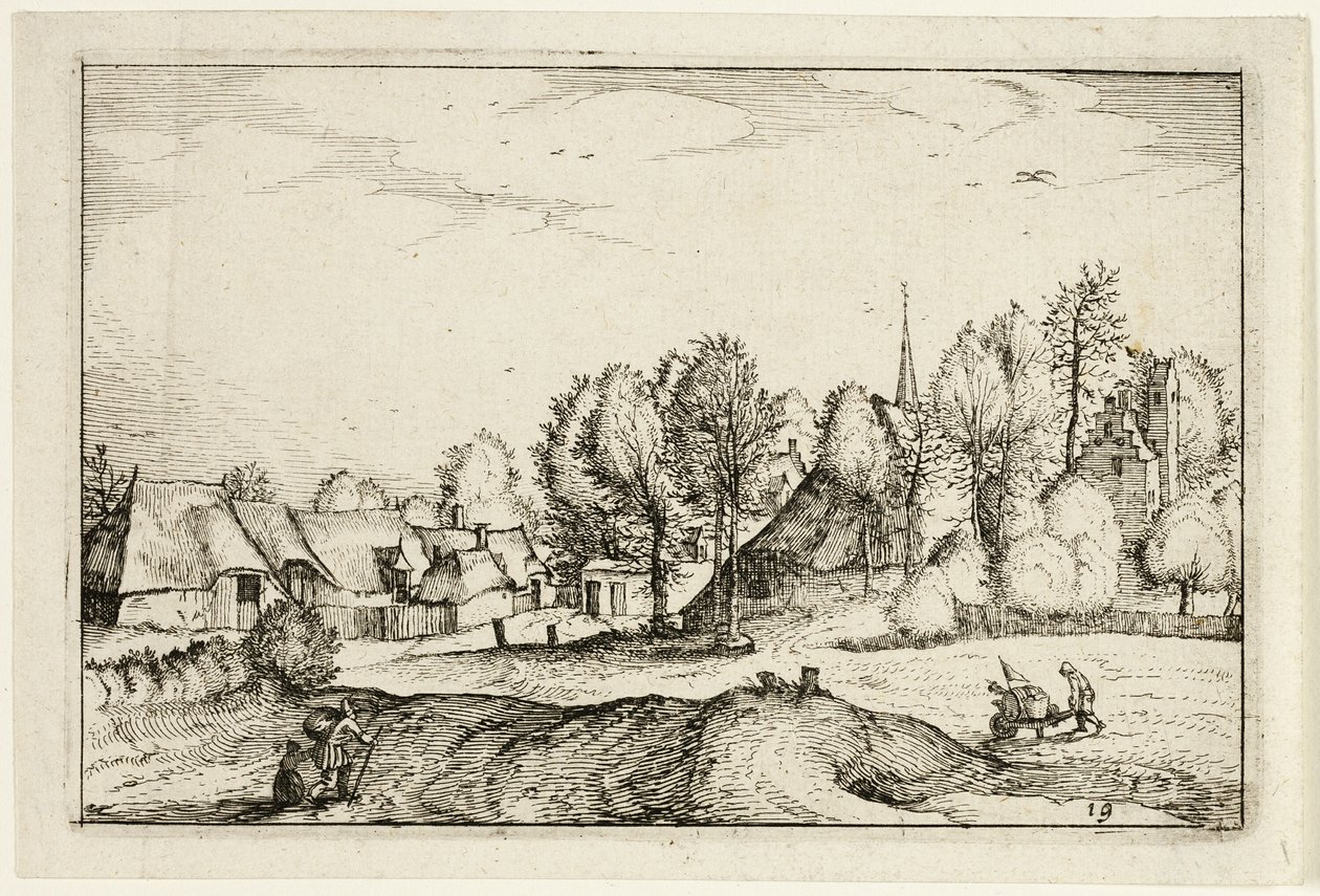 Road into a Village, plate nineteen after Pictures of Farms, Country Houses and Rustic Villages (Praediorum villarum et rusticarum casularum icones) autorstwa Claes Jansz. Visscher II