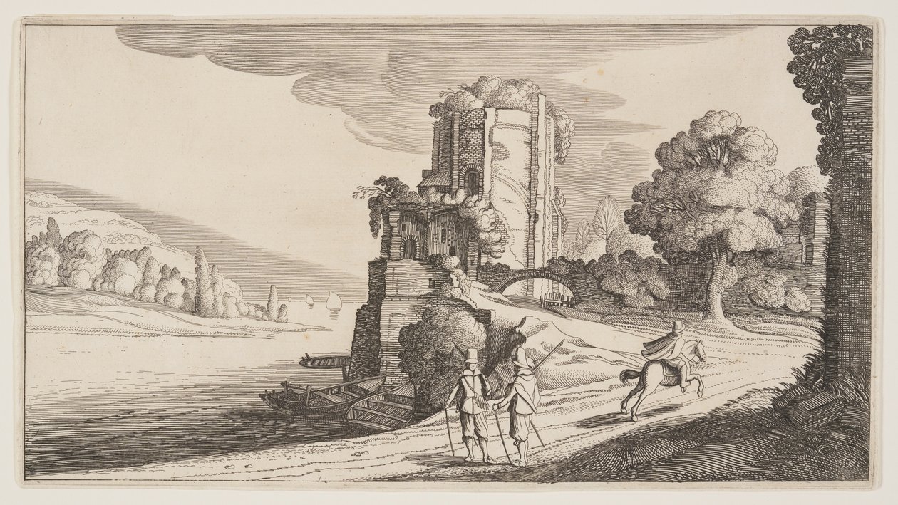 Okrągła wieża na rzece, z Landscapes (Playsante Lantschappen) autorstwa Claes Jansz. Visscher II