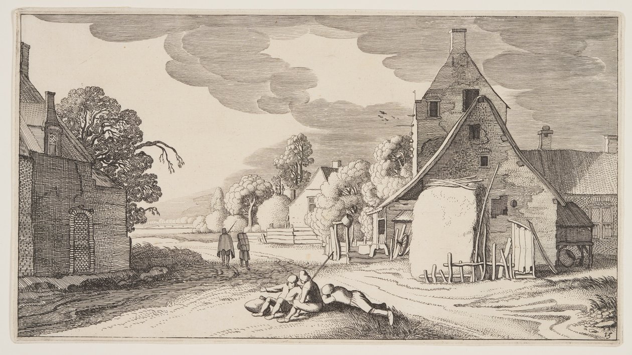 Trzech chłopów odpoczywających na skrzyżowaniu w wiosce, z Landscapes (Playsante Lantschappen) autorstwa Claes Jansz. Visscher II