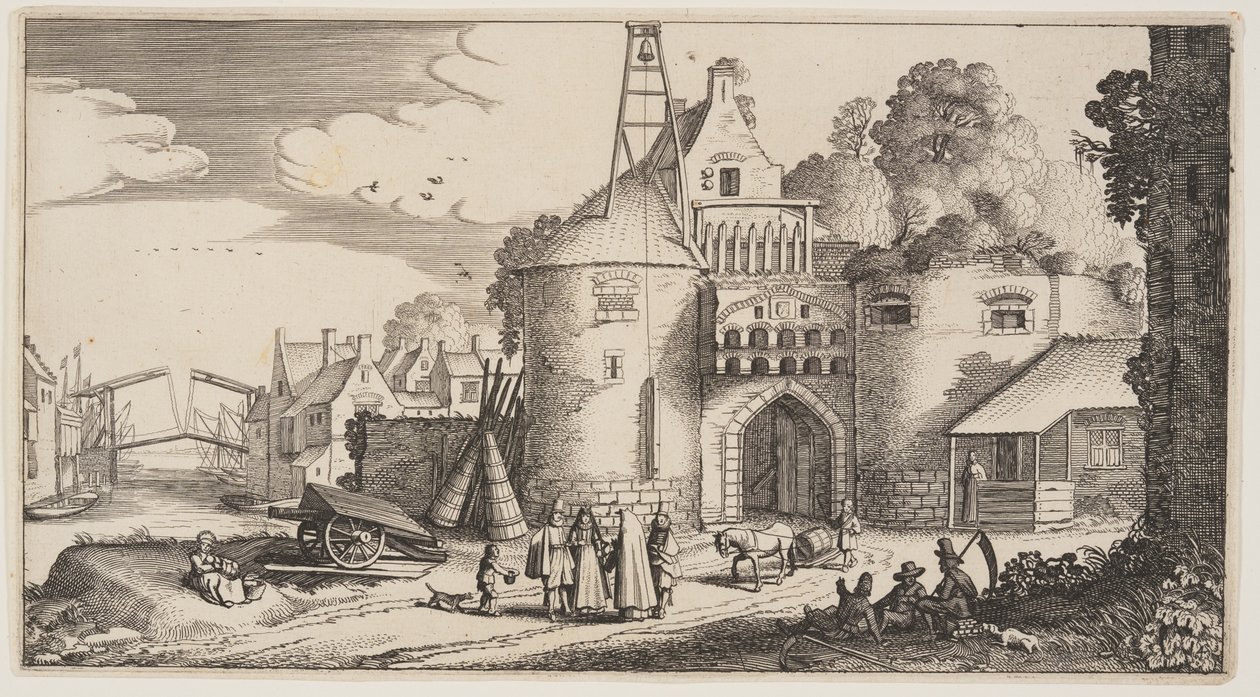 Brama miejska, od Landscapes (Playsante Lantschappen) autorstwa Claes Jansz. Visscher II