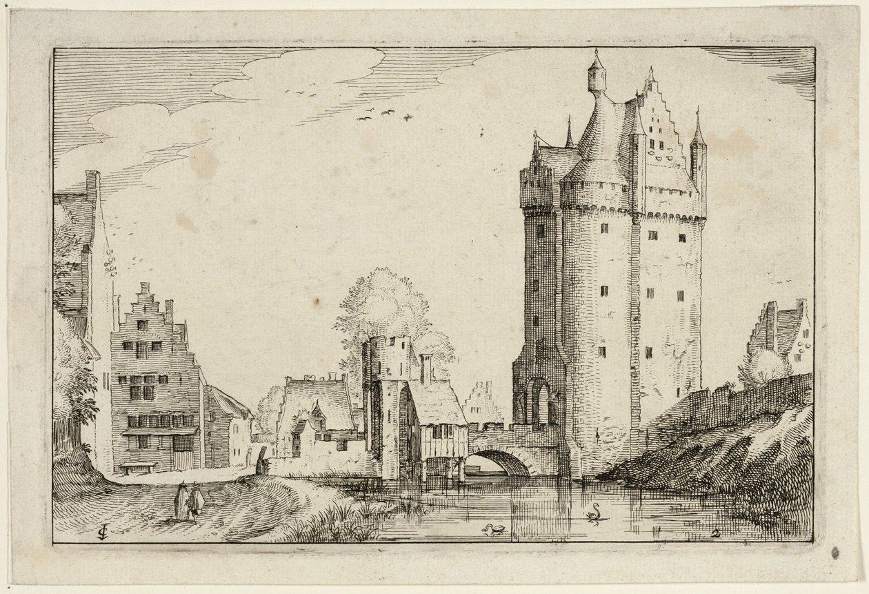 Brama miejska, płyta druga po Obrazach gospodarstw, domów wiejskich i wsi rustykalnych (Praediorum villarum et rusticarum casularum icones) autorstwa Claes Jansz. Visscher II