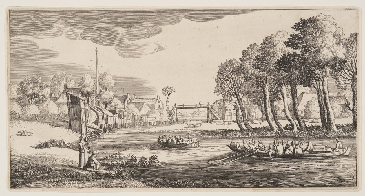 Podróżni w łodziach wiosłowych zbliżający się do wioski, z Landscapes (Playsante Lantschappen) autorstwa Claes Jansz. Visscher II