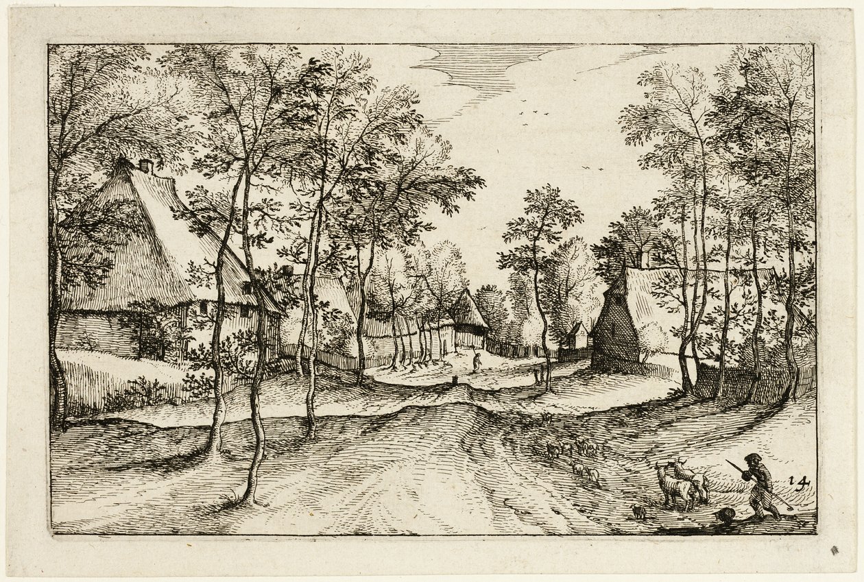 Wiejska droga, płyta czternasta po Obrazach farm, wiejskich domów i rustykalnych wiosek (Praediorum villarum et rusticarum casularum icones) autorstwa Claes Jansz. Visscher II