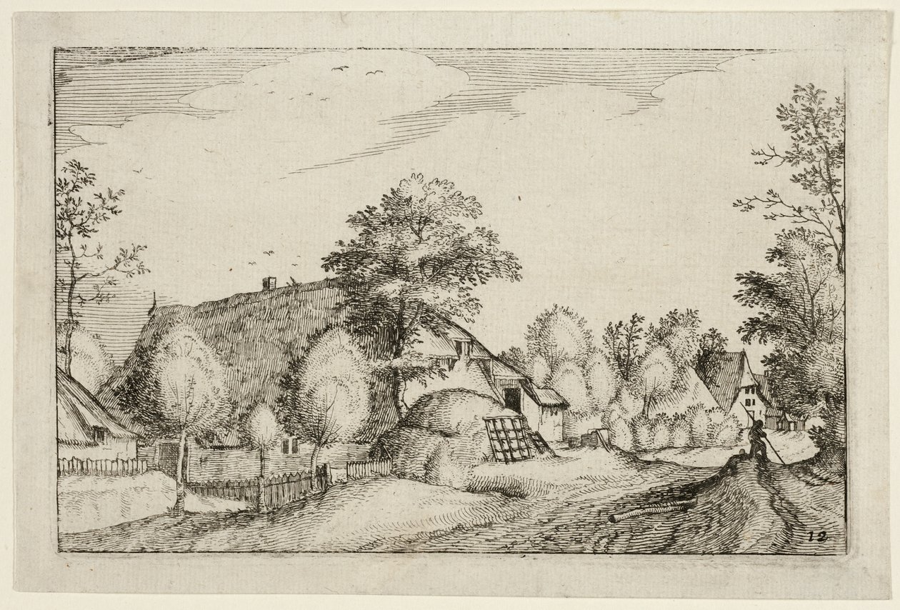 Wiejska droga, płyta dwunasta po Obrazach farm, wiejskich domów i rustykalnych wiosek (Praediorum villarum et rusticarum casularum icones) autorstwa Claes Jansz. Visscher II