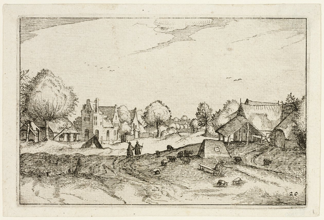 Wiejska droga, płyta dwudziesta po Obrazach farm, wiejskich domów i rustykalnych wiosek (Praediorum villarum et rusticarum casularum icones) autorstwa Claes Jansz. Visscher II