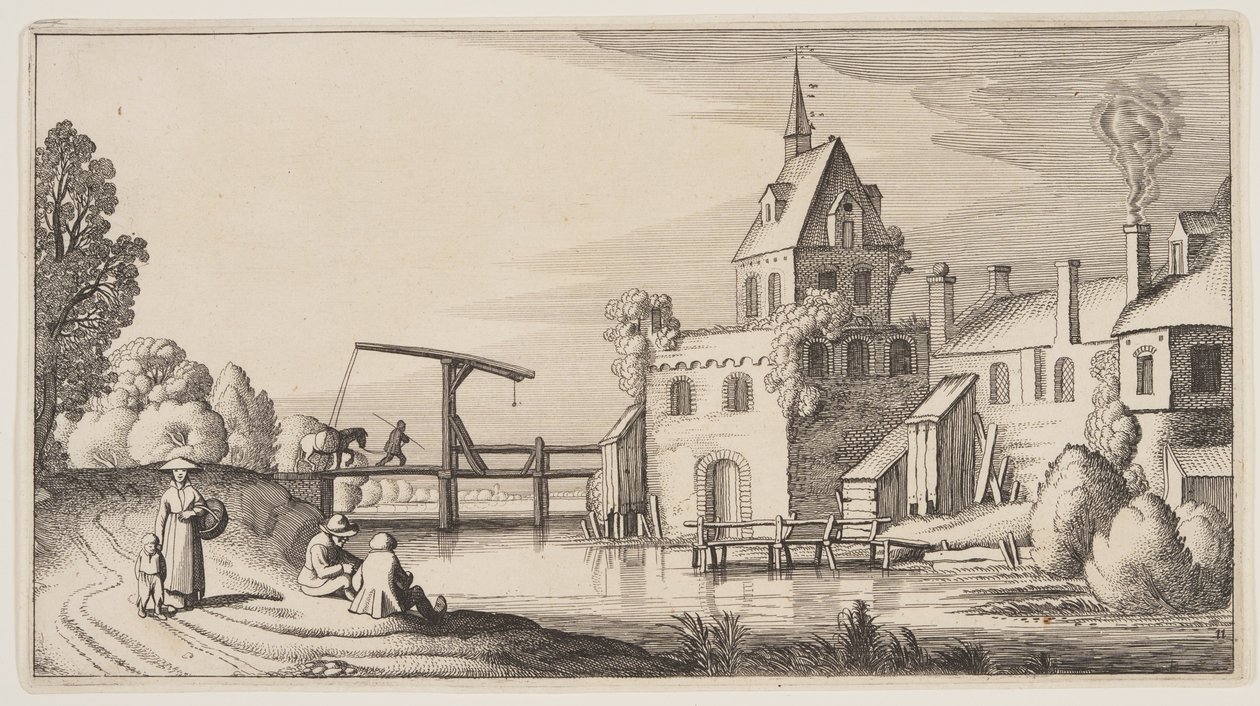 Wioska nad rzeką, z Pejzaże (Playsante Lantschappen) autorstwa Claes Jansz. Visscher II