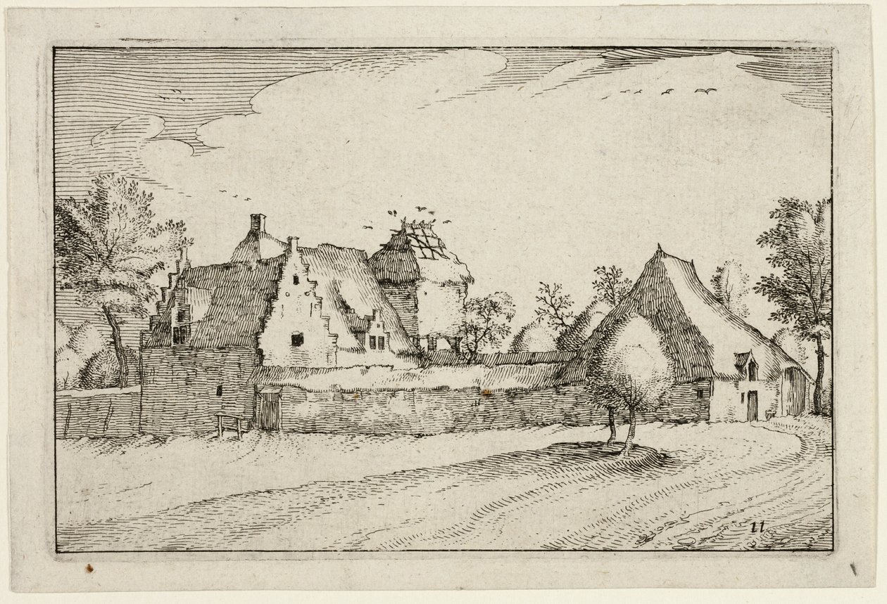 Farma otoczona murem, płyta jedenasta po Obrazach farm, domów wiejskich i rustykalnych wiosek (Praediorum villarum et rusticarum casularum icones) autorstwa Claes Jansz. Visscher II