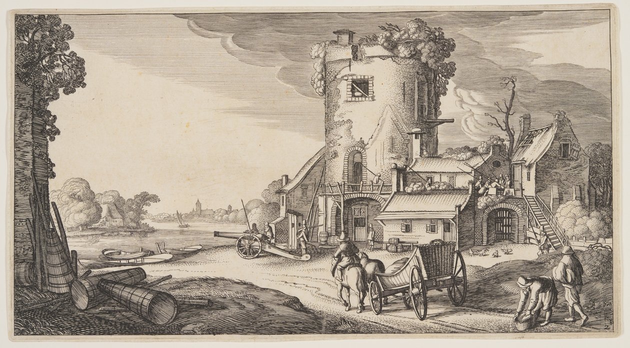 Wieża strażnicza w pobliżu rzeki, z Landscapes (Playsante Lantschappen) autorstwa Claes Jansz. Visscher II