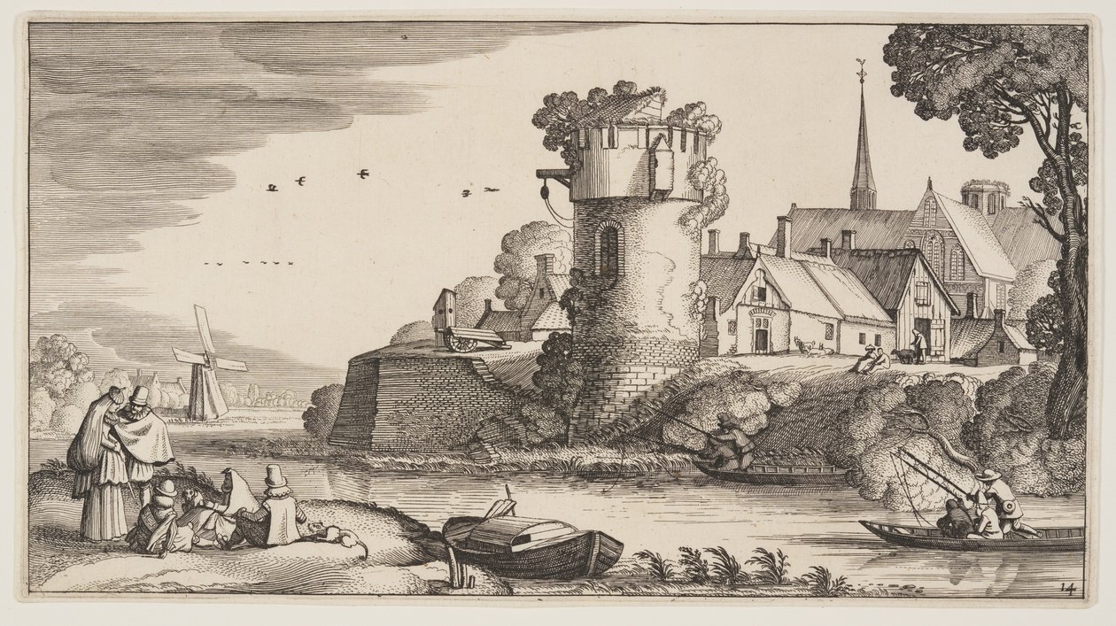 Wieża strażnicza nad rzeką, z Landscapes (Playsante Lantschappen) autorstwa Claes Jansz. Visscher II