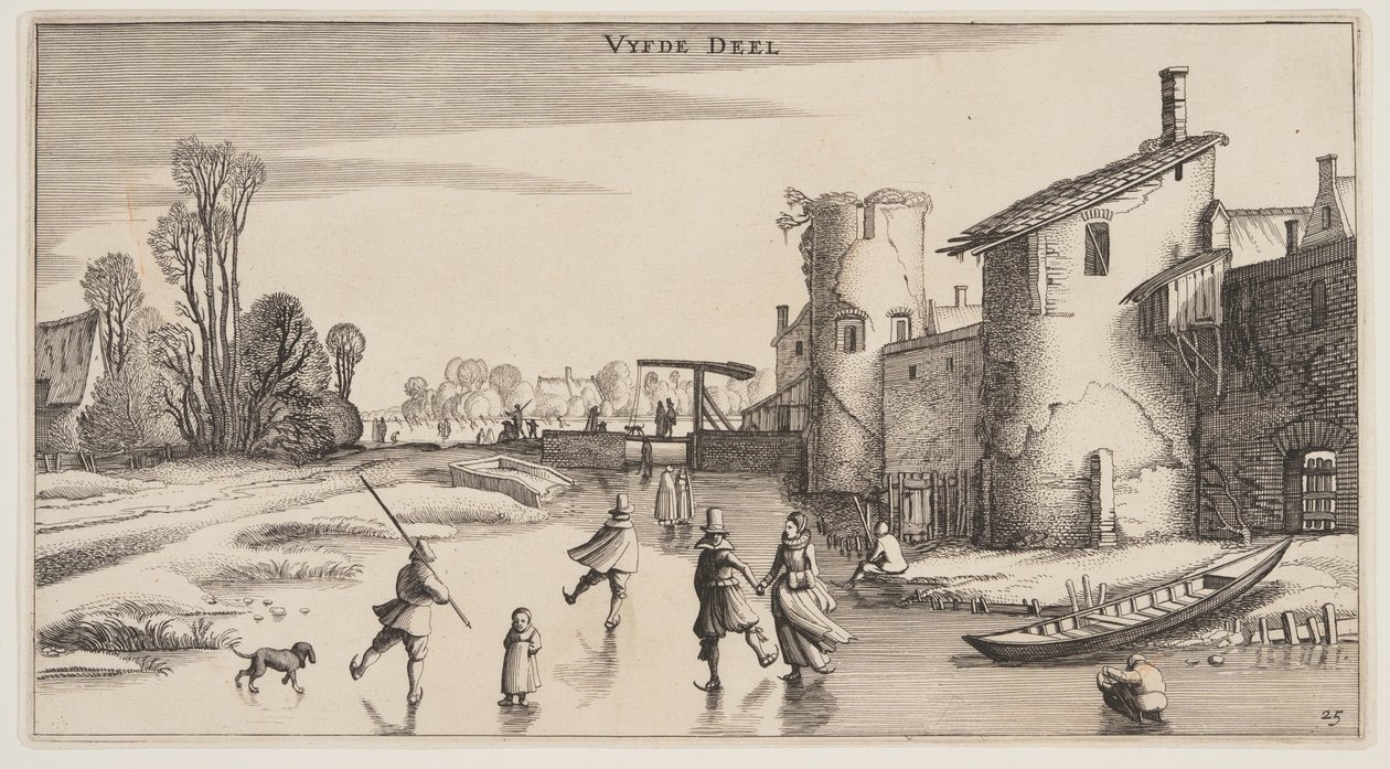 Zimowy krajobraz z łyżwiarzami wzdłuż muru miejskiego, z Landscapes (Playsante Lantschappen) autorstwa Claes Jansz. Visscher II