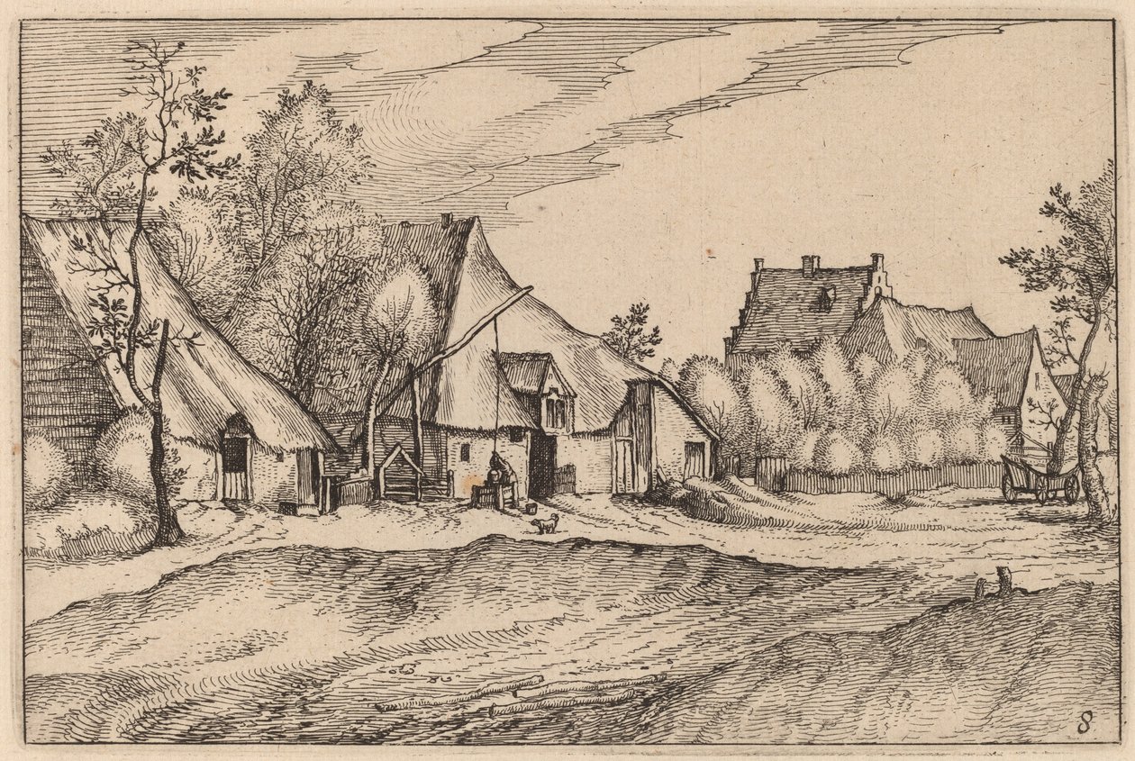 Farmy w wiosce autorstwa Claes Jansz Visscher after Johannes van Doetechum, the Elder after Lucas