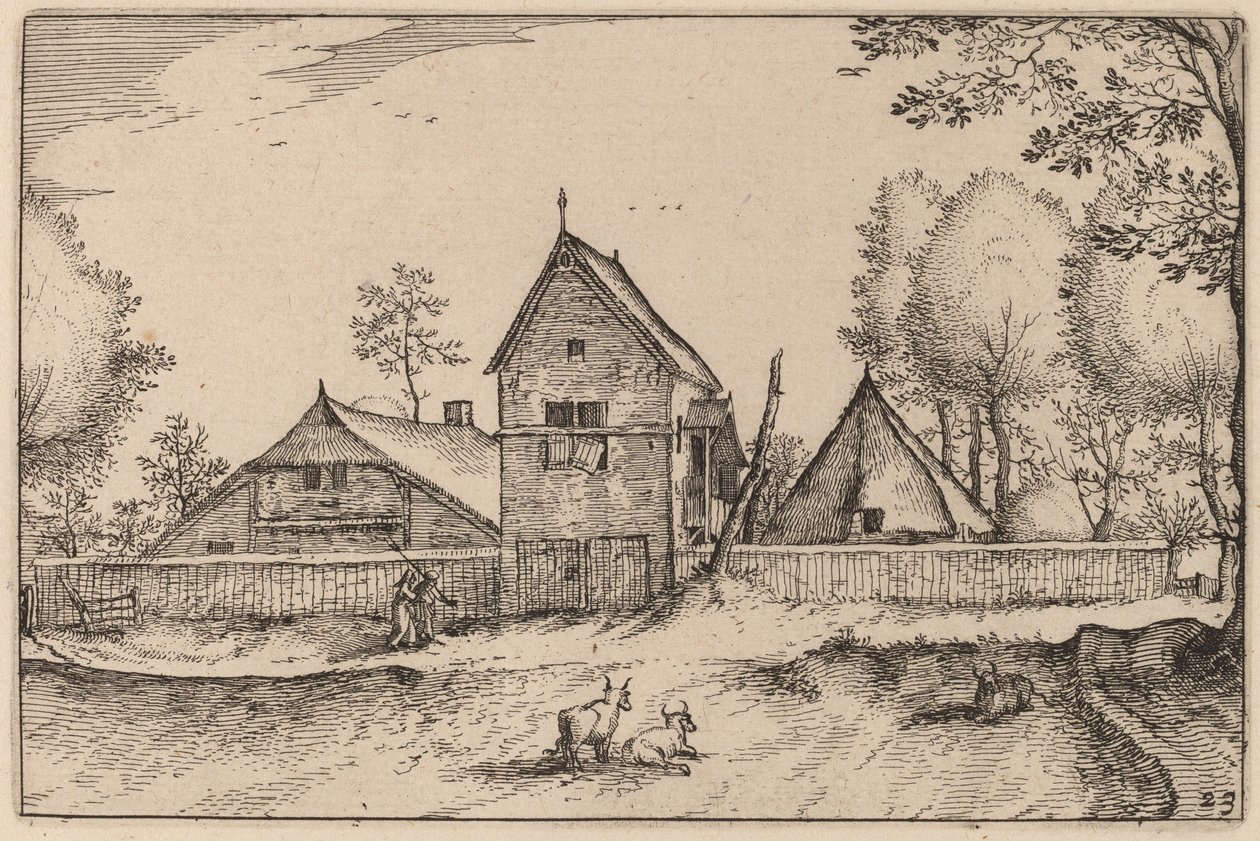 Duża otoczona murem farma autorstwa Claes Jansz Visscher after Johannes van Doetechum, the Elder after Lucas