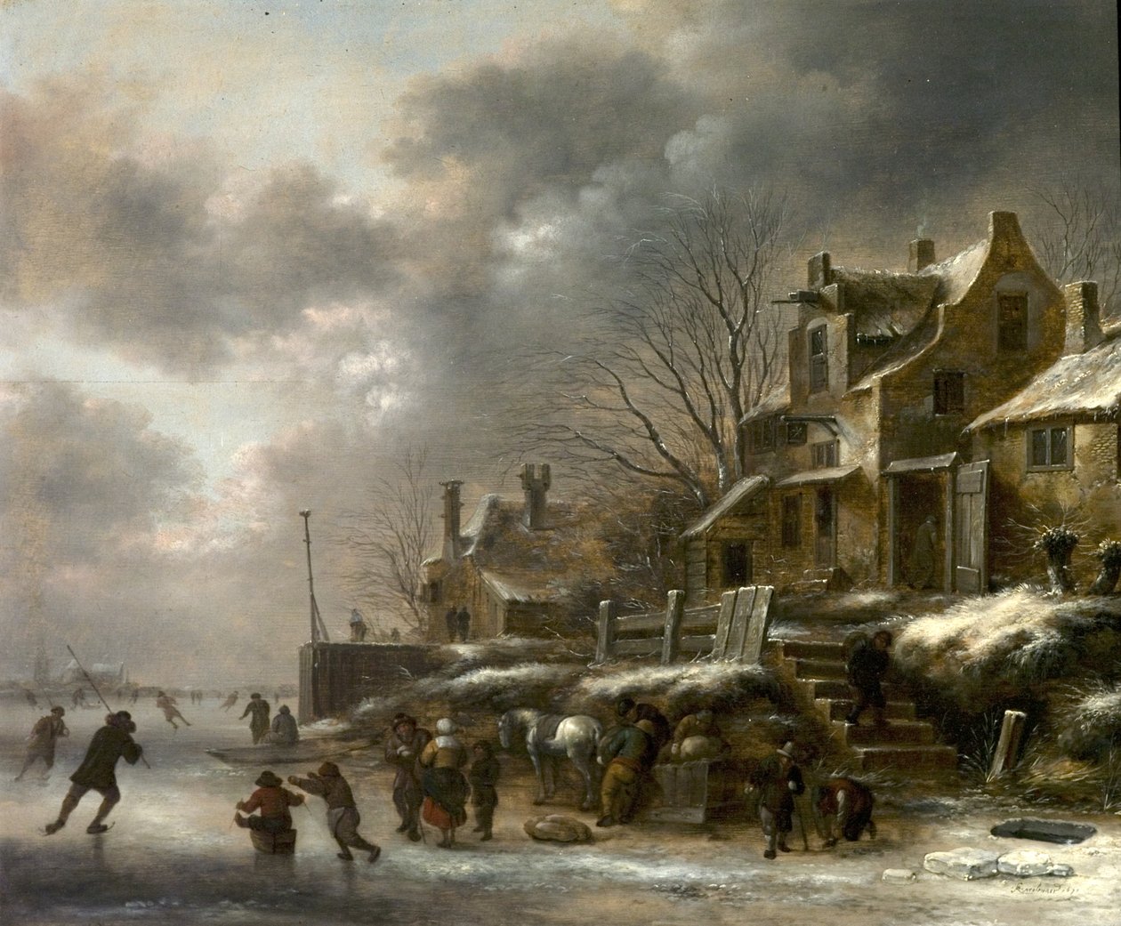 Scena zimowa, rzeka z łyżwiarstwem figurowym, 1671 autorstwa Claes Molenaer