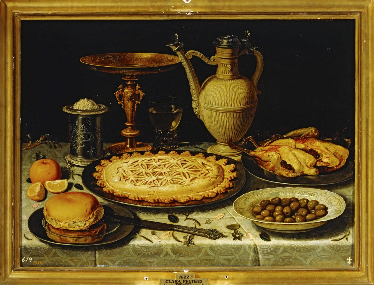 Martwa natura - Posiłek z pieczonym kurczakiem, chlebem i oliwkami ... autorstwa Clara Peeters