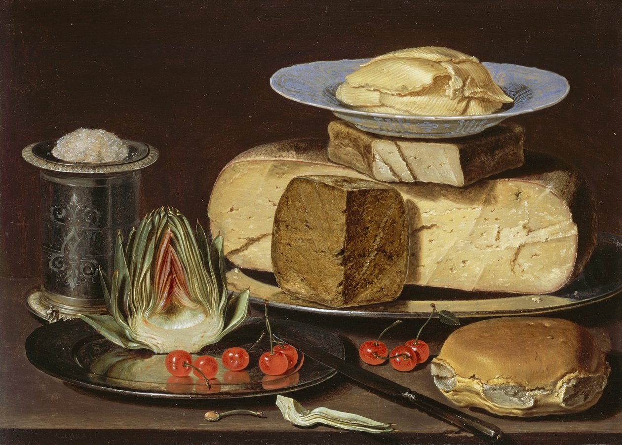 Martwa natura z serami, karczochami i wiśniami, ok. 1625 autorstwa Charlotte Evans