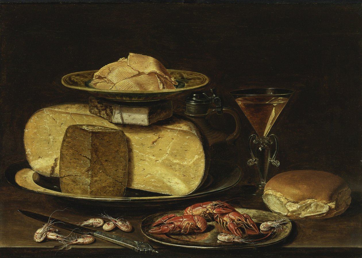 Martwa natura z serami, glas à la façon de Venise i raki na cynowym talerzu autorstwa Charlotte Evans