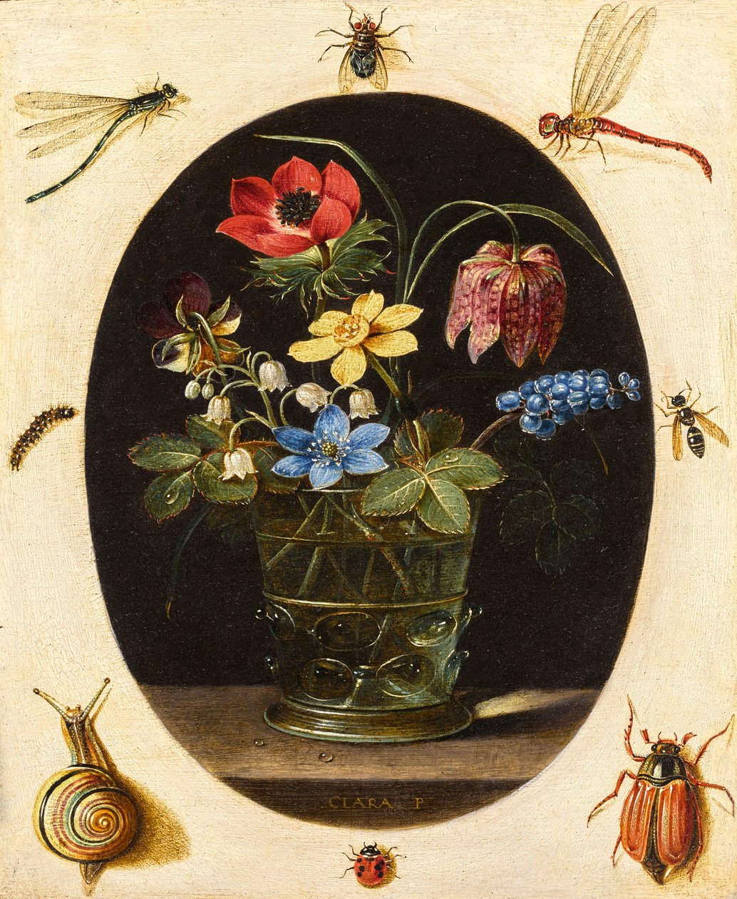 Martwa natura z kwiatami otoczonymi owadami i ślimakiem autorstwa Clara Peeters