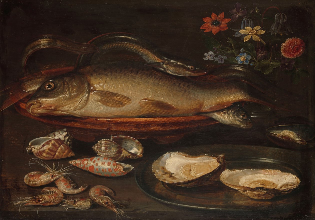 Martwa natura z rybami, ostrygami i krewetkami, ok.1620-50 autorstwa Charlotte Evans