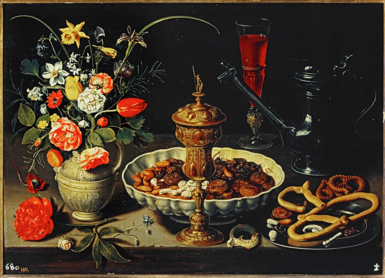 Stół z dzbankiem, kwiatami, suszonymi owocami ... autorstwa Clara Peeters