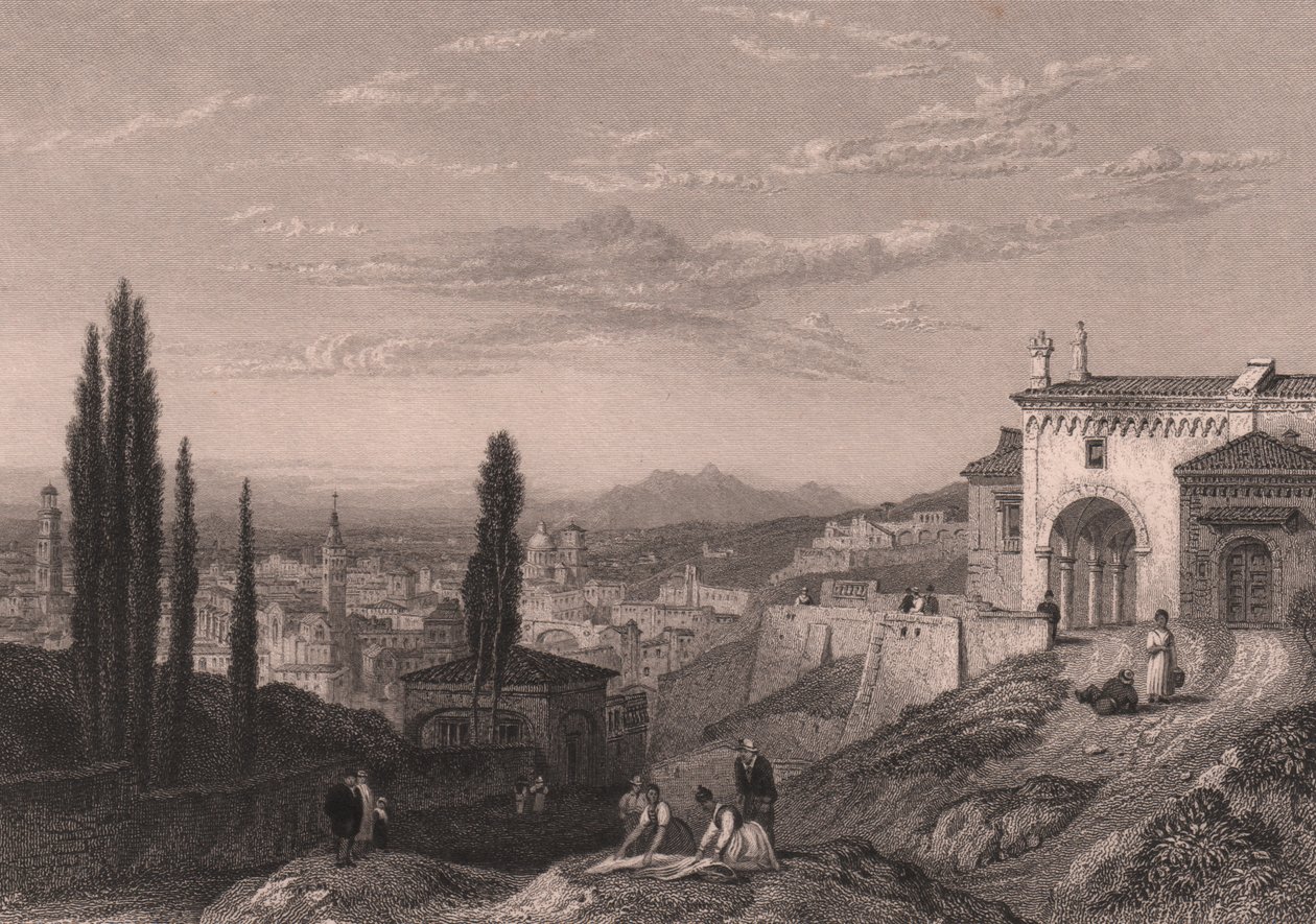 Panoramiczny widok Werony z kościoła San Zeno in Monte, Veneto, Włochy, staloryt S. Fishera według rysunku Clarksona Stanfielda (1793-1867), ok. 14x12 cm autorstwa Clarkson Frederick Stanfield