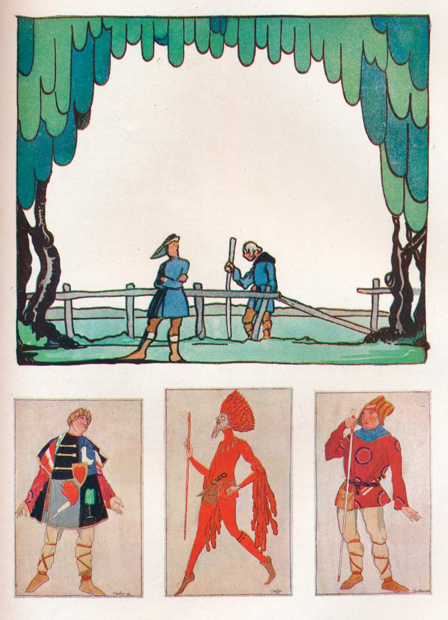 Sceneria jak ci się podoba Akt I, scena I i kostiumy Amiens i Lebeau, 1919 autorstwa Claud Lovat Fraser