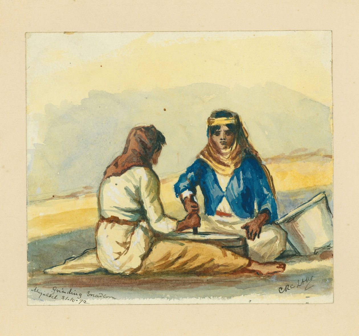 Mielenie kukurydzy na chleb, 1872 (wc i ołówek na papierze) autorstwa Claude Conder
