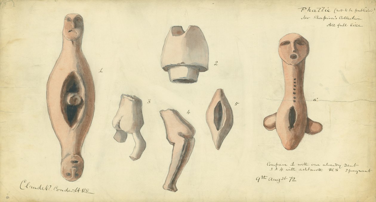 Falliczne emblematy z kolekcji pana Shapiry, 1872 (wc i ołówek na papierze) autorstwa Claude Conder