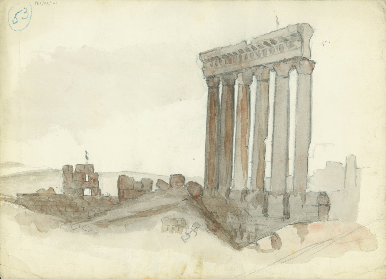 Świątynia Jupitera, Baalbeck (wc i ołówek na papierze) autorstwa Claude Conder