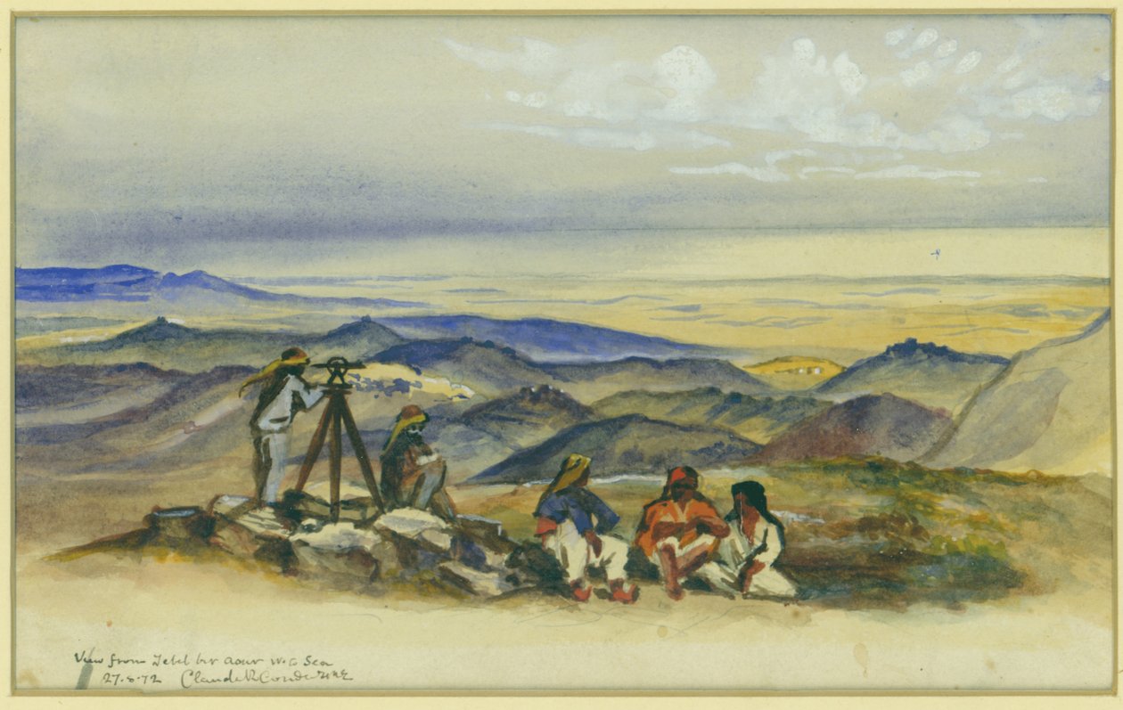 Widok z Jebel Bir Asur na morze, 1872 (wc i ołówek na papierze) autorstwa Claude Conder