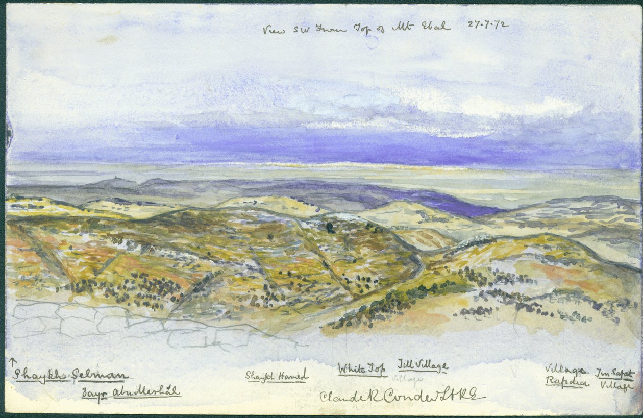 Widok z południowego zachodu ze szczytu góry Ebal, 1872 (wc i ołówek na papierze) autorstwa Claude Conder