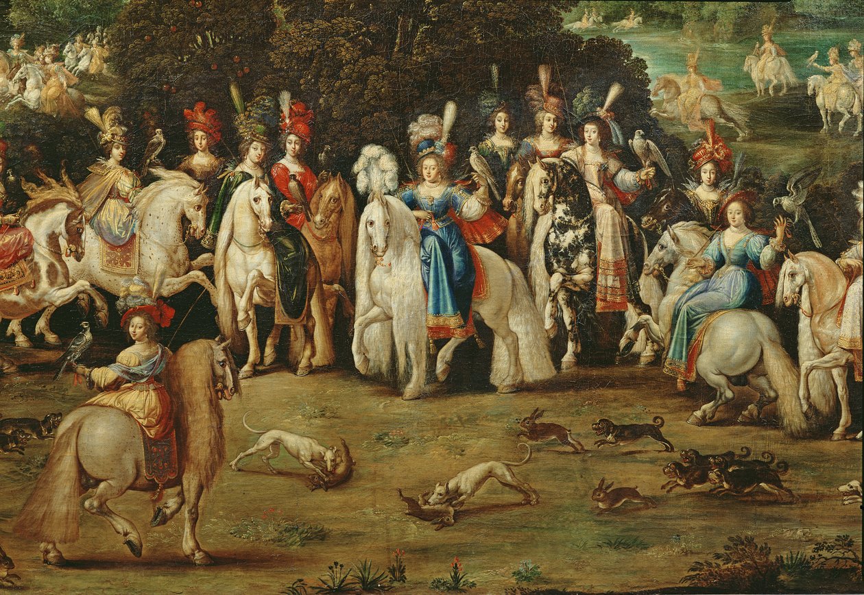 Powietrze, fragment grupy kobiet w ośrodku i psów goniących zające, ok. 1640-41 autorstwa Claude Deruet