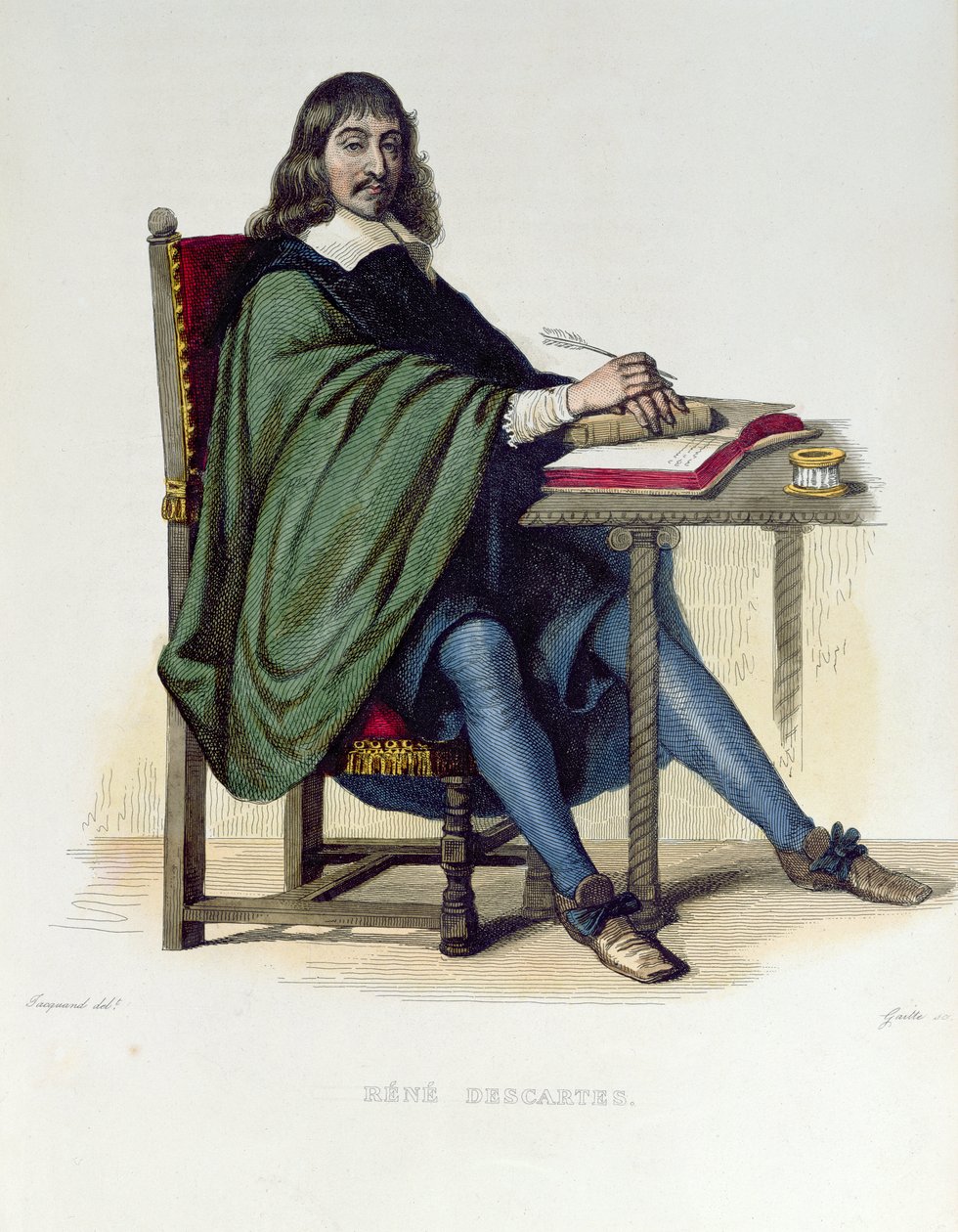 Rene Descartes (1596-1650), ilustracja z „Le Plutarque Francais” ny E. Mennechet, wydanej w Paryżu, 1835 (rycina kolorowa) autorstwa Claude Jacquand