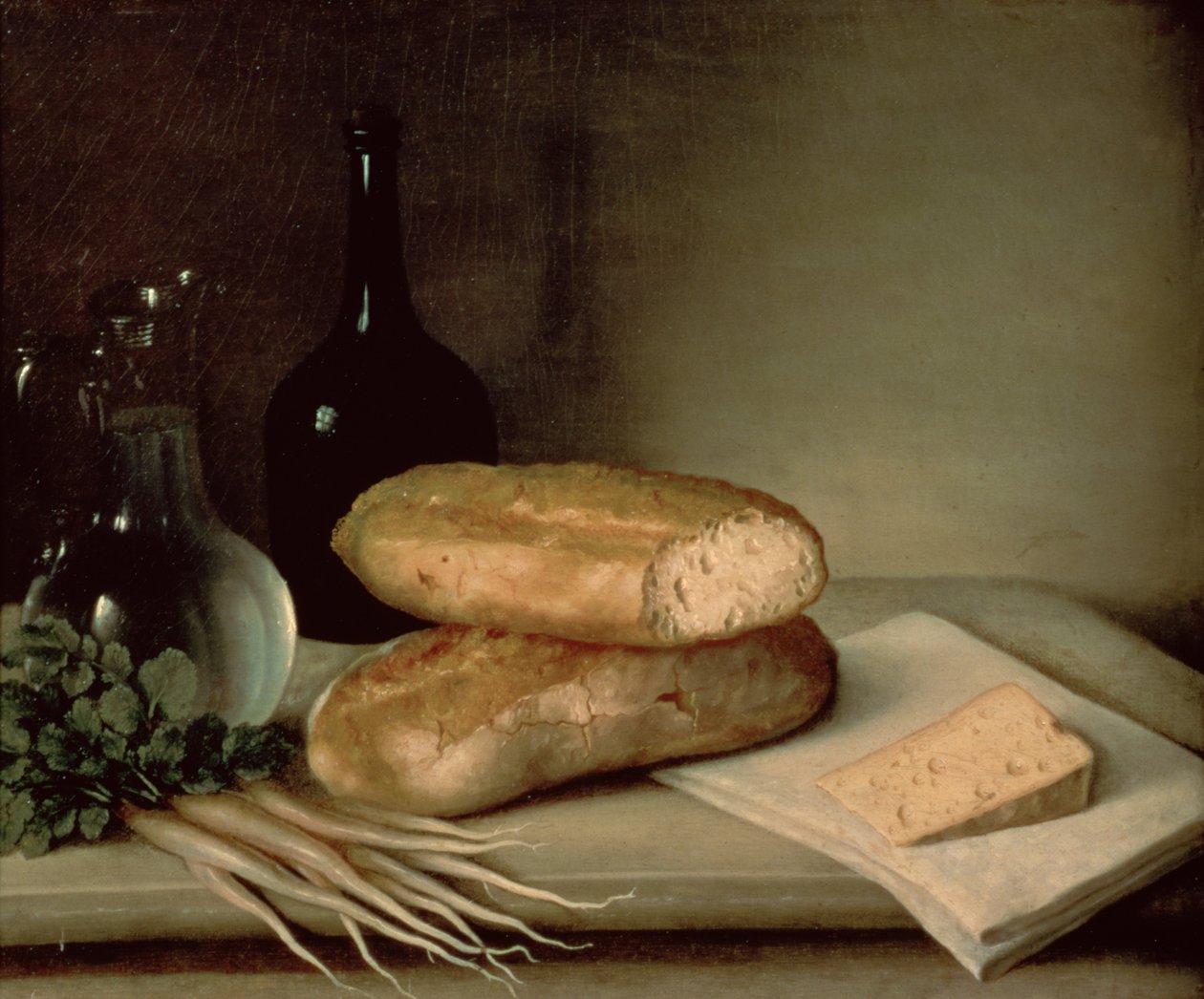 Martwa natura z chlebem, serem i dzbanem wina autorstwa Claude Joseph Fraichot