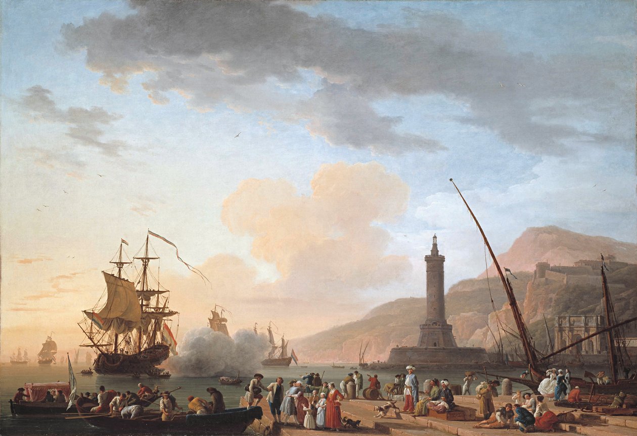 Port morski o zachodzie słońca Português autorstwa Claude Joseph Vernet