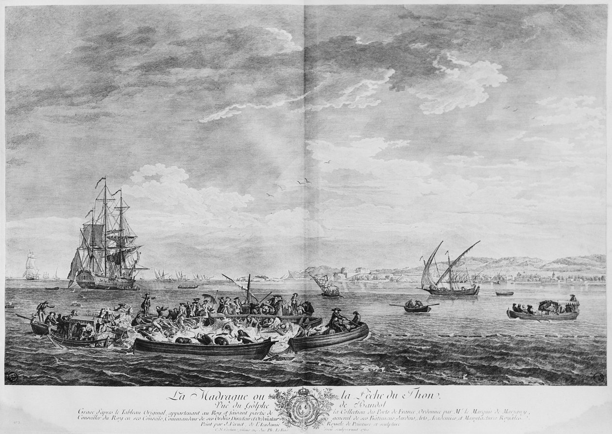 „La Madrague” czyli połów tuńczyka, widok na Zatokę Bandol, seria „Les Ports de France”, rytowana przez Charlesa Nicolasa Cochina Młodszego (1715-90) i Jacquesa Philippe
