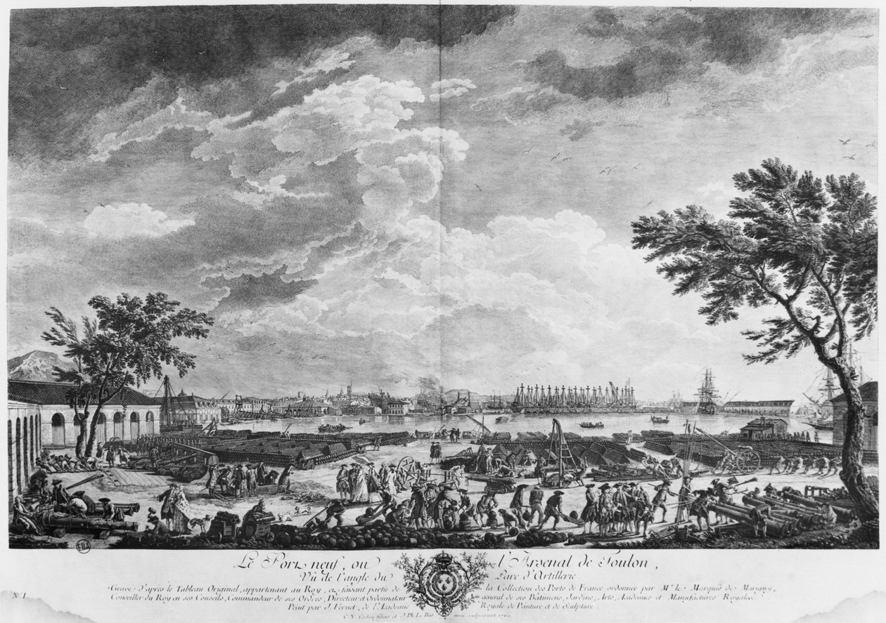 Nowy Port i Arsenał Tulonu, widziany z składu artylerii, seria „Les Ports de France”, rytowana przez Charlesa Nicolasa Cochina Młodszego (1715-90) i Jacquesa Philippe