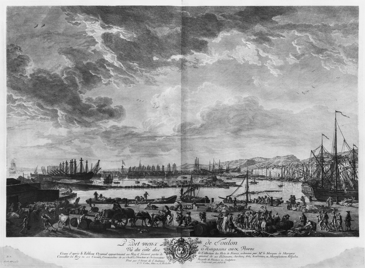 Stary Port w Tulonie, widziany ze sklepów kwatermistrza, seria „Les Ports de France”, grawerowana przez Charlesa Nicolasa Cochina Młodszego (1715-90) i Jacquesa Philippe