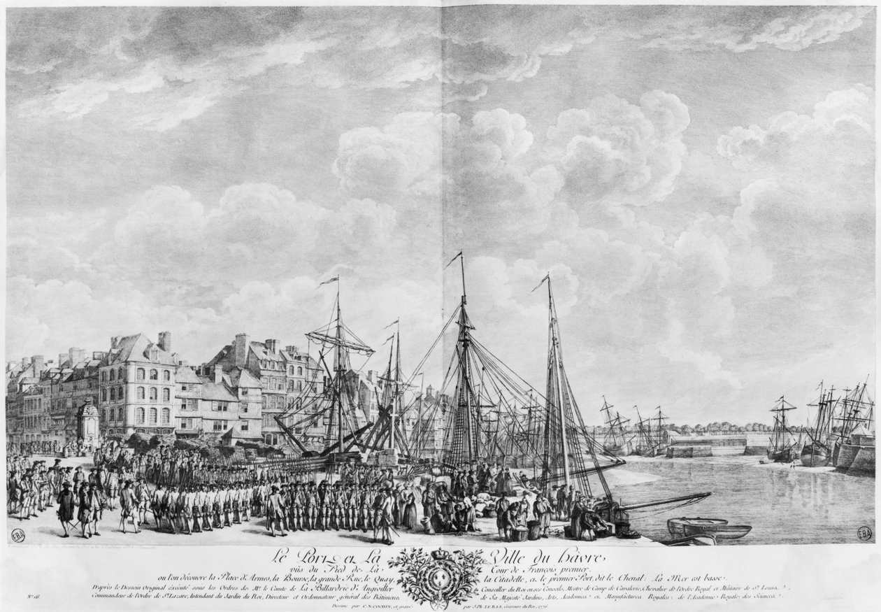 Port i miasto Le Havre, widziane z wieży Francois I, seria „Les Ports de France”, rytowana przez Charlesa Nicolasa Cochina Młodszego (1715-90) i Jacquesa Philippe